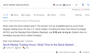 stock market opening times featured snippet