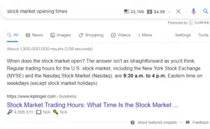 stock market opening times featured snippet
