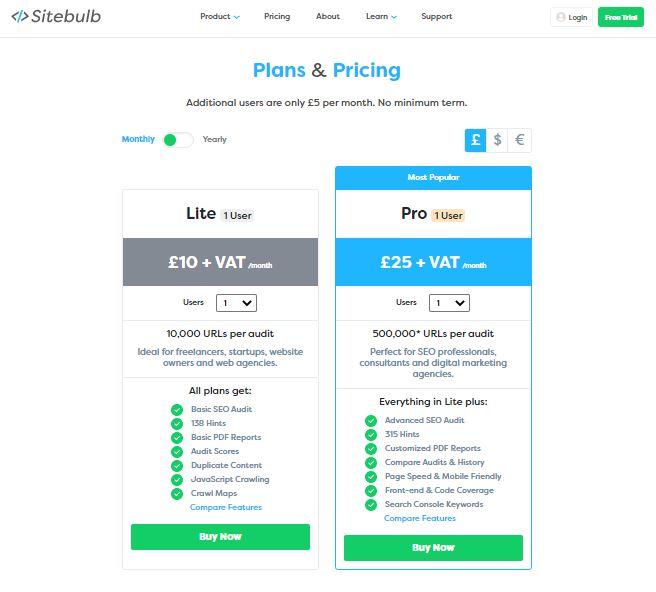 Sitebulb Review: Pricing and Plans