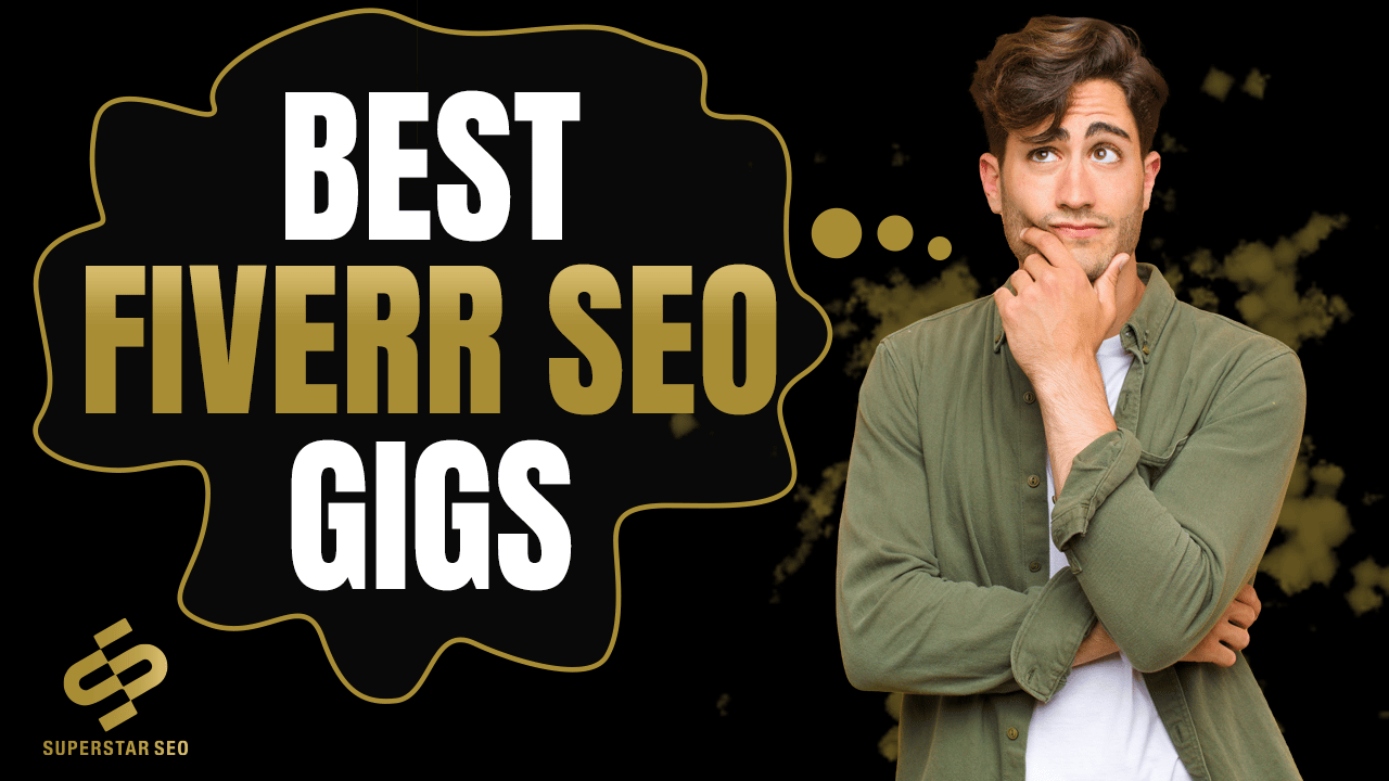 A white man with his hand on his chin with a thought bubble next to him that reads best fiverr seo gigs