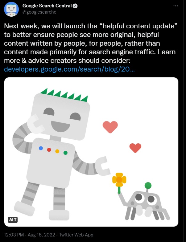 picture of a tweet with the google robot mascot being handed a flower
