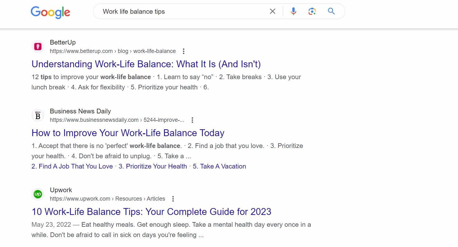 Google search results for the query "Work life balance tips"