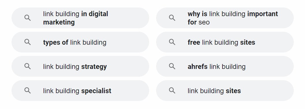 Related searches on Google for the term "SEO link-building"