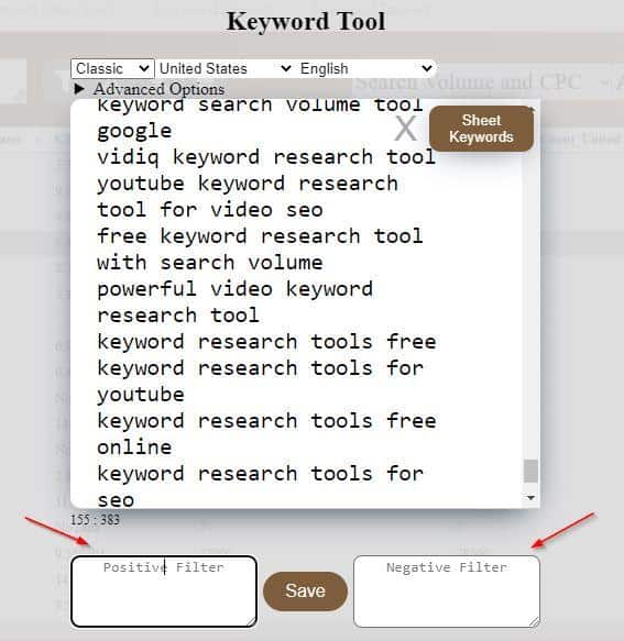 keyword sheeter filters 